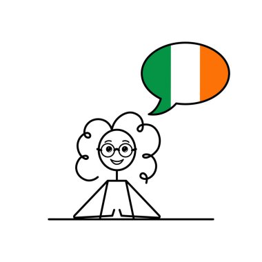 İrlanda bayrağında konuşma baloncuğu olan İrlandalı karikatür kızı, İrlanda dili öğrenen kadın karakter vektör çizimi, siyah çizgi basit çizimi, Erse veya Galce, İrlanda Gaeilge