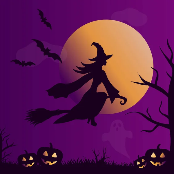 紫色の暗い夜空の上の青いシルエットのハロウィーン魔女 不気味なベクター カード — ストックベクタ