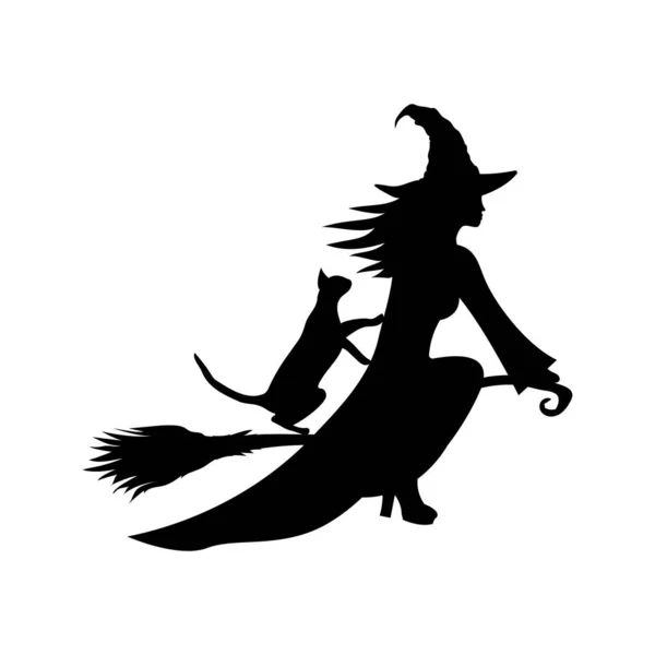 Halloween Witch Cat Broomstick Black Vector Silhouette — Stock Vector