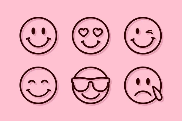 ピンクの背景 ベクターのイラストで隔離された薄いラインの笑顔の絵文字のセットのスマイリーの顔 — ストックベクタ
