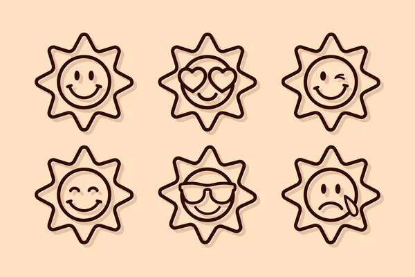 Sol Emoji Set Conjunto Linha Fina Emoticons Sorriso Isolado Fundo — Vetor de Stock