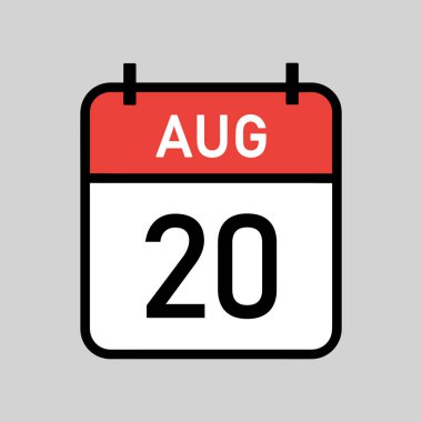 20 Ağustos, siyah hatlı kırmızı ve beyaz takvim sayfası, takvim tarihi basit vektör illüstrasyonu