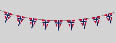 Norveç çelengi, açık hava partisi için üçgen bayraklar Norveç ulusal günü, flamalar, retro stil illüstrasyon