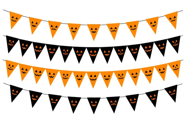 ハロウィーンのバンティングのセット 不気味な顔 黒とオレンジのパーティーの装飾 ベクターの装飾的な要素 — ストックベクタ