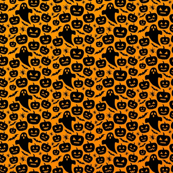 ハロウィンお祝いのシームレスなパターン カボチャ コウモリ オレンジ色の背景に黒いベクターパターンが付いている無限の背景 — ストックベクタ