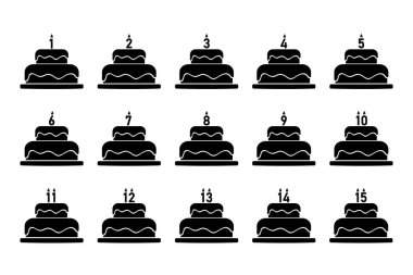 Doğum günü pastası siluetleri, üzerinde numara olan siyah siluetler, yıldönümü simgeleri, yaş yılı mumlu kutlama kartı için parti pastası.