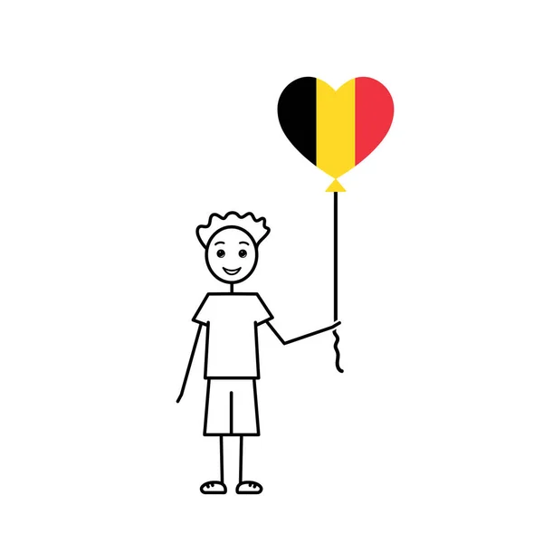 ベルギーの少年 愛するベルギーのスケッチ 心臓の形をした気球 黒いラインの簡単なベクターのイラスト — ストックベクタ