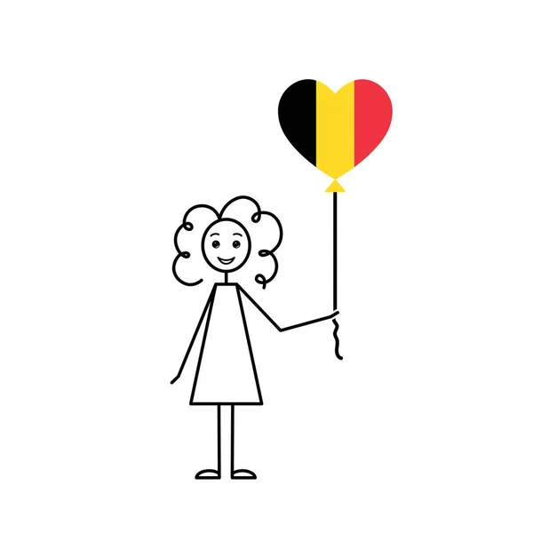 ベルギーの少女 愛するベルギーのスケッチ 心臓の形をした気球 黒いラインの簡単なベクターのイラスト — ストックベクタ