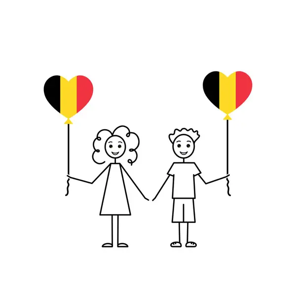 ベルギーの子供たち ベルギーのスケッチを愛し 心臓の形をした風船を持つ少女と少年 幼稚園のための黒い線のベクトルイラスト — ストックベクタ