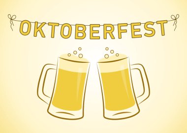 Yeşil bira dolu iki tost kupası ve asılı çelenk, vektör illüstrasyonlu Ekim Festivali kartı