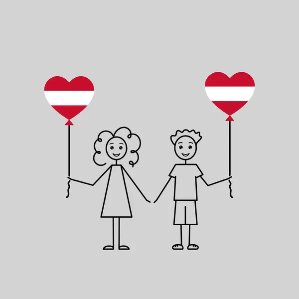 自闭症儿童 热爱奥地利素描 带着心形气球的女孩和男孩 幼儿园用的黑线矢量插图 — 图库矢量图片