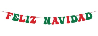 Feliz Navidad bayrağı, yeşil ve kırmızı büyük harfler bir dizgi üzerinde asılı, panoramik dekoratif vektör elementi
