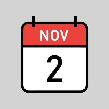 Kasım 2, siyah hatlı kırmızı ve beyaz takvim sayfası, takvim tarihi basit vektör illüstrasyonu
