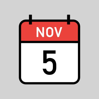 Kasım 5, siyah hatlı kırmızı ve beyaz takvim sayfası, takvim tarihi basit vektör illüstrasyonu
