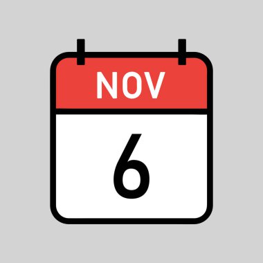 Kasım 6, siyah hatlı kırmızı ve beyaz takvim sayfası, takvim tarihi basit vektör illüstrasyonu