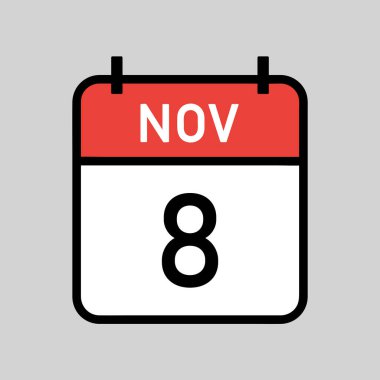 Kasım 8, siyah hatlı kırmızı ve beyaz takvim sayfası, takvim tarihi basit vektör illüstrasyonu