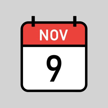 9 Kasım, siyah hatlı kırmızı ve beyaz takvim sayfası, takvim tarihi basit vektör illüstrasyonu