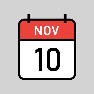 Kasım 10, siyah hatlı kırmızı ve beyaz takvim sayfası, takvim tarihi basit vektör illüstrasyonu