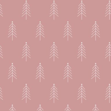Noel ağaçlarının şenlikli geometrik deseni, kartpostallar için basit baskı, ambalaj kağıdı, perdeler, masa örtüleri veya yatak örtüleri, minimalist noel vektör arka planı