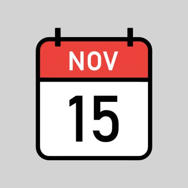 Kasım 15, siyah hatlı kırmızı ve beyaz takvim sayfası, takvim tarihi basit vektör illüstrasyonu