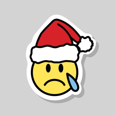 Ağlayan Noel Baba emoji çıkartması, ağlayan surat, üzgün surat Noel çıkartması, Noel Baba şapka tasarım elementi.