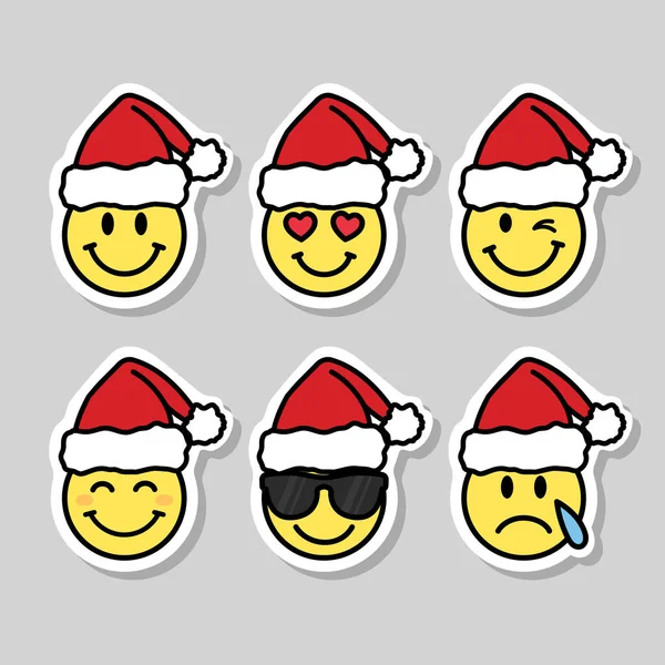 Smiley Gesichter Mit Weihnachtsmütze Set Niedlicher Weihnachts Emojies Cartoon Vektor Stockvektor