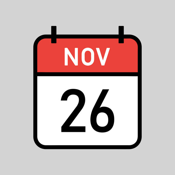 26 ноября, страница календаря красного и белого цветов с черным контуром, дата календаря простая векторная иллюстрация