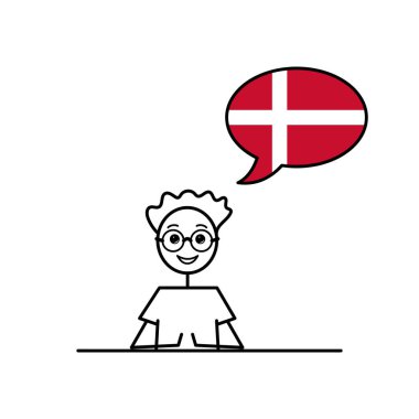 Danimarka bayrağında konuşma baloncuğu olan Danimarkaca konuşan çizgi film çocuğu, Danimarkaca öğrenen erkek karakter vektör illüstrasyonu, basit siyah çizgi çizimi