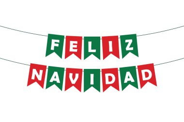 Feliz Navidad Bunting çelenk, yeşil ve kırmızı flamalar ve beyaz harfler, kış partisi dekoratif afişi, vektör dekoratif unsur