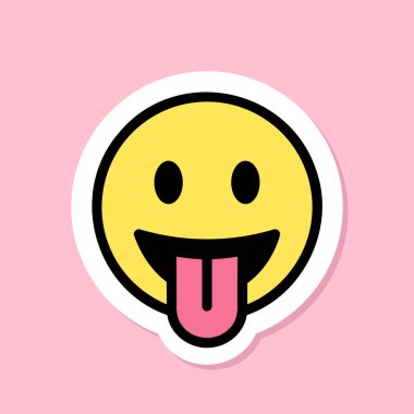 Dil emojisi etiketli yüz, pembe arkaplanda komik bir etiket, vektör tasarımı ögesi