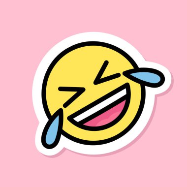 Yerde yuvarlanmak Gülen emoji etiketi, pembe arka planda komik çıkartma, vektör tasarım unsuru, rofl