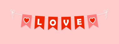 Sevgililer günü çelengi, beyaz harfli kırmızı flamalar, romantik harfler, düğün kartı, dekoratif vektör unsuru.