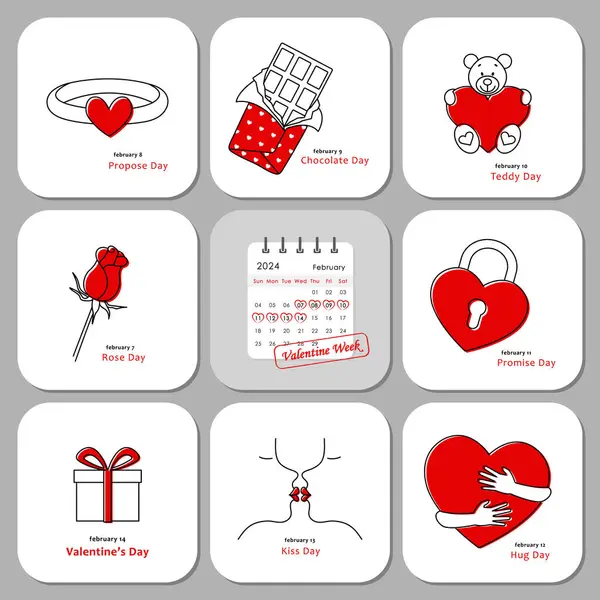Valentinstag Woche 2024 Set Vektor Karten Rot Weiß Und Schwarz Stockvektor