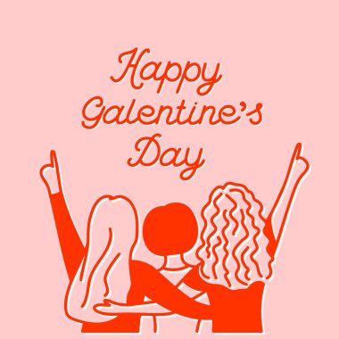Mutlu Galentines Günü, üç kız pijama partisi, pembe ve kırmızı kombinasyon, el çizimi kare vektör kartı