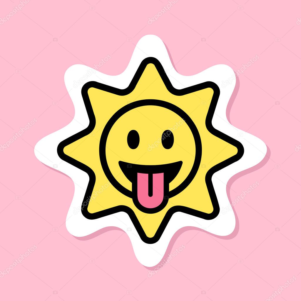 Sun with tongue sticker, yellow symbol with black outline, cute cartoon sun face emoji on pink background, groovy aesthetic vector design element