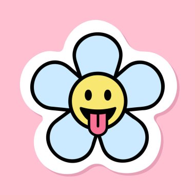 Dil emojisi etiketli papatya çiçeği, karikatür çiçeği, siyah çizgili, pembe arka planda şirin bir etiket, moda estetik, vektör tasarım elementi