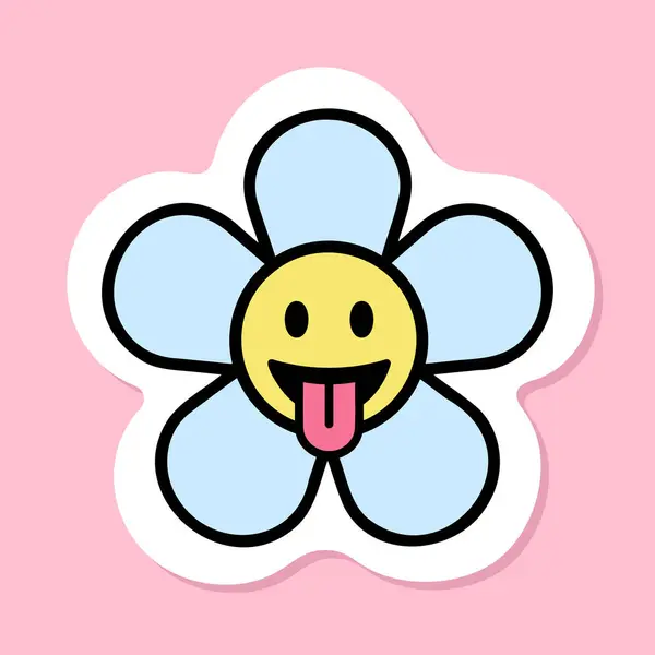 Dil emojisi etiketli papatya çiçeği, karikatür çiçeği, siyah çizgili, pembe arka planda şirin bir etiket, moda estetik, vektör tasarım elementi