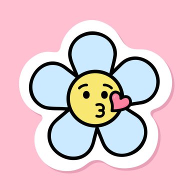 Bir öpücük çıkartması üfleyen havalı çiçek surat, siyah çizgili antropomorfik mavi papatya çiçeği, pembe arka planda muhteşem estetik vektör tasarımı elementi