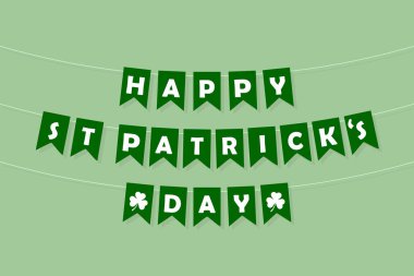 Mutlu Aziz Patrick günleri süsleme çelenkleri, beyaz harfli yeşil flama, İrlanda parti harfleri, tebrik kartı, vektör illüstrasyonu.