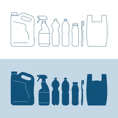 Plastik kaplar, benzin bidonları, sprey şişesi, plastik şişeler, diş fırçası ve plastik torba, sıra ve dolgu sembolü.