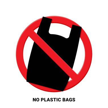 Plastik torba kırmızı yasak işareti yok, plastik kirliliğe hayır deyin, çevreyi koruyun, sıfır atık kavramı, vektör illüstrasyonuna hayır deyin