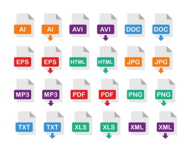 dosya biçimi simgesi seti, dosya uzantıları, popüler dosya biçimi düz vektör işareti indir