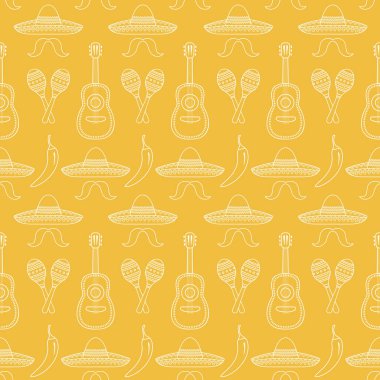 Cinco de Mayo Meksika partisi, gitar, sombrero, marakas, kırmızı biber, duvar kağıdı için vektör çizimi, hediye kağıdı.