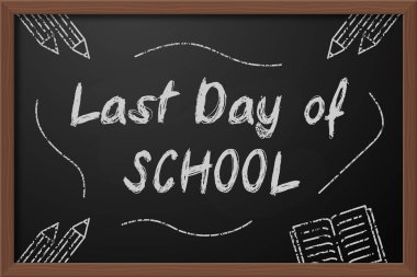 Okul tabelasının son günü, siyah karatahta harfli vektör illüstrasyonu.