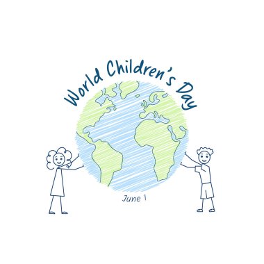 Dünya Çocuk Günü afişi, dünyayı tutan iki çocuk, 1 Haziran kutlamaları, şirin vektör illüstrasyonu