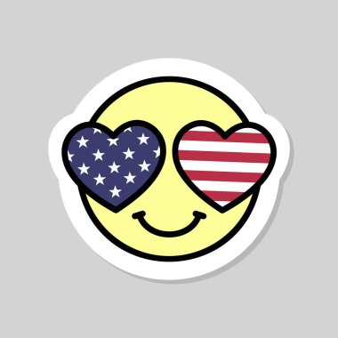 Vatansever emoji, çizgiler ve yıldızlar kalp etiketi, ABD Bayrağı renkleri 4 Temmuz düz vektör tasarım elementi