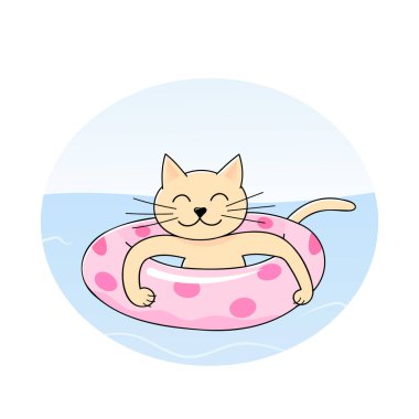 Yüzen kedi, pembe şişme yüzük üzerinde yüzen kızıl kedi, deniz vektörü illüstrasyonunda serin bir yaz tatili.
