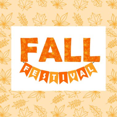 Sonbahar festivali davetiye kartı, kiraz çiçeği çelengi, asılan turuncu flamalar, parti harfleri afişi, vektör illüstrasyonu