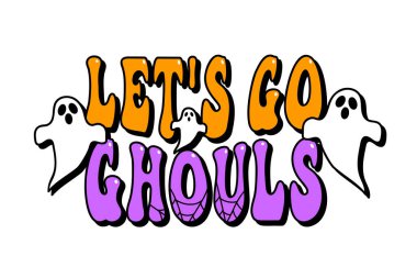 Cadılar Bayramı tasarımı, davetiye kartları, posterler, afişler, mor ve turuncu vektör illüstrasyonları için Ghoul 'lara gidelim.