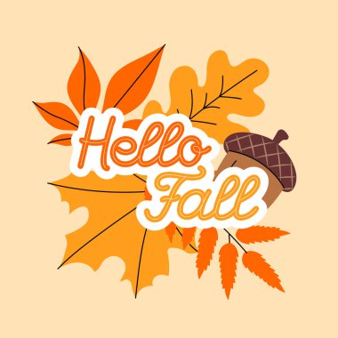 Merhaba sonbahar harfleri yapraklar ve palamut, kare şeklindeki vektör kartı